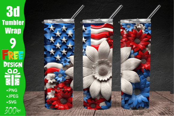 3D American Flag Flowers Tumbler Wrap: Graphics & Crafts