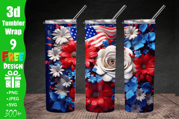 3D USA Flag Floral 20 Oz Skinny Tumbler: Graphics for Crafts