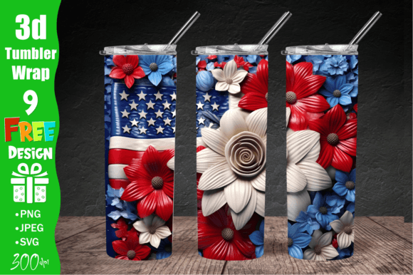 3D USA Flag Floral Tumbler Wrap